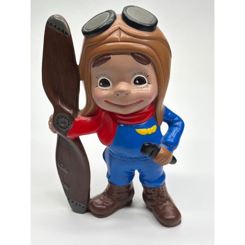 Vintage 1972 Atlantic Mold Ceramic Boy Pilot Aviator Figurine with Propeller